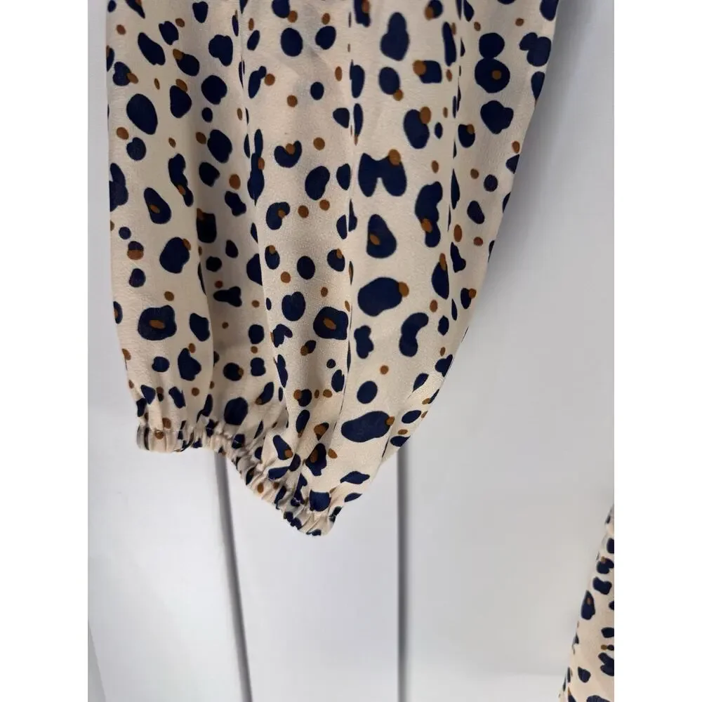 Main Strip Leopard Print Romper Size M Tie Waist Long Sleeve V Neck Boho Mini - Picture 4 of 9